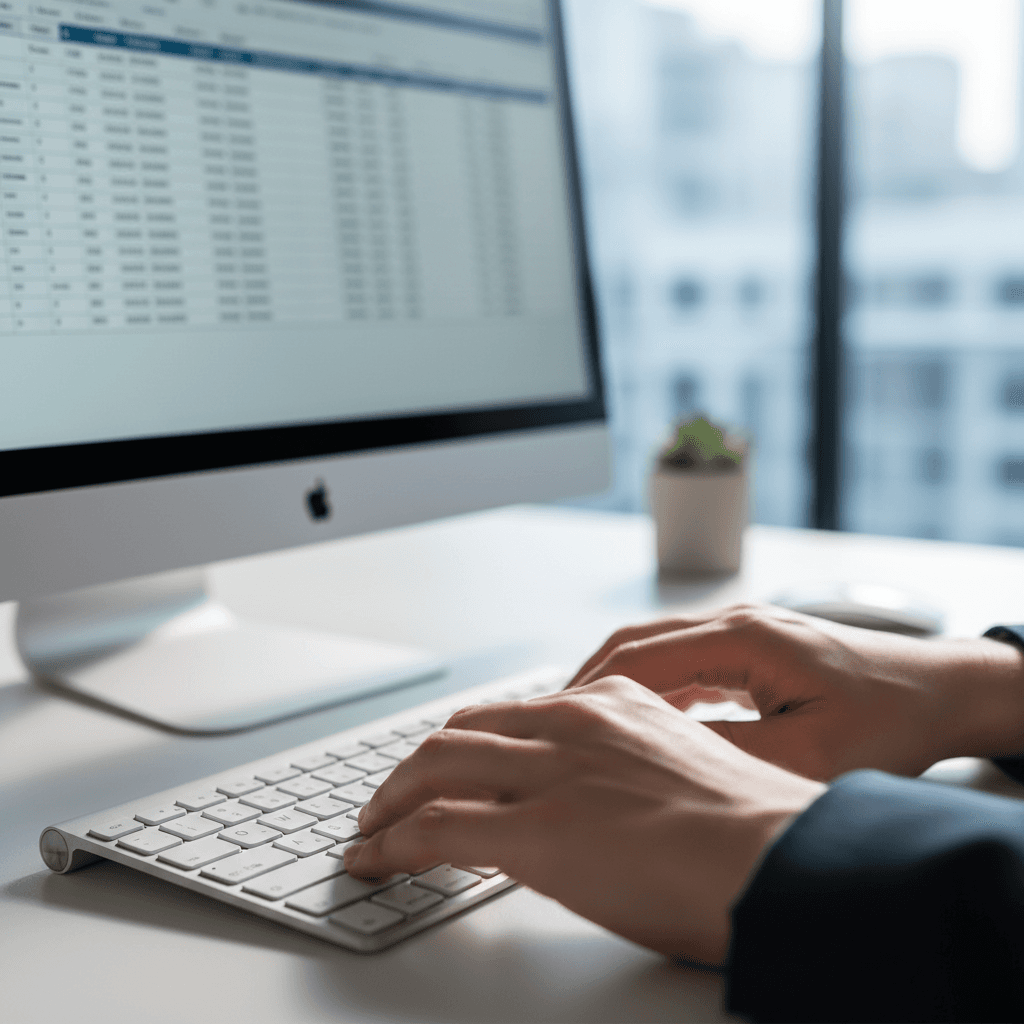 Close-up of hands typing on keyboard with spreadsheet application visible on monitor in professional office environment