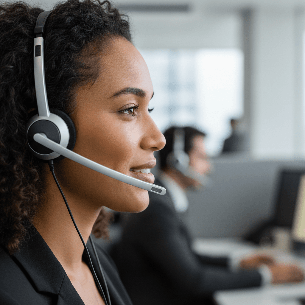Customer service professional wearing headset with microphone during active customer interaction call