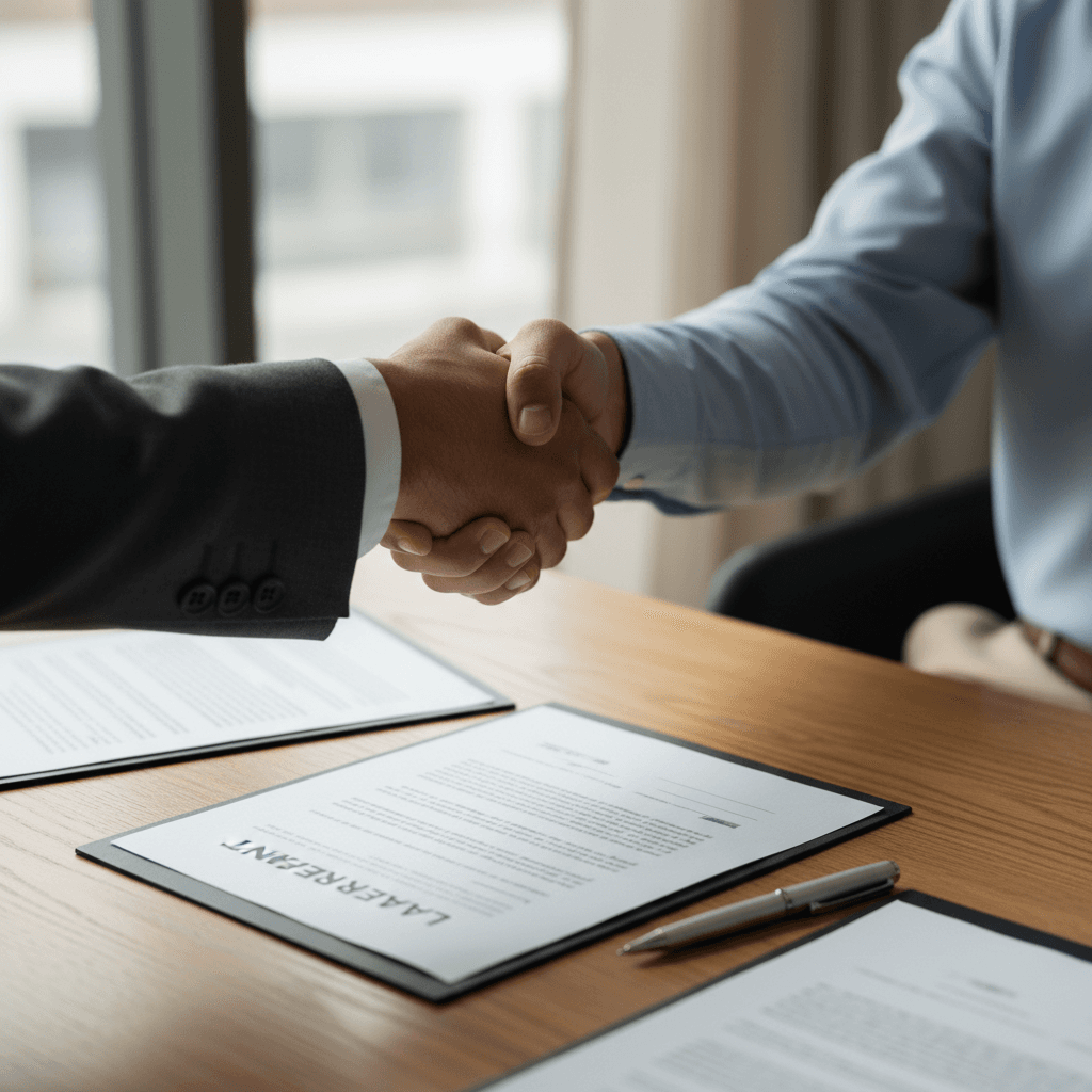 Professional handshake between property manager and tenant during lease agreement signing with contract documents