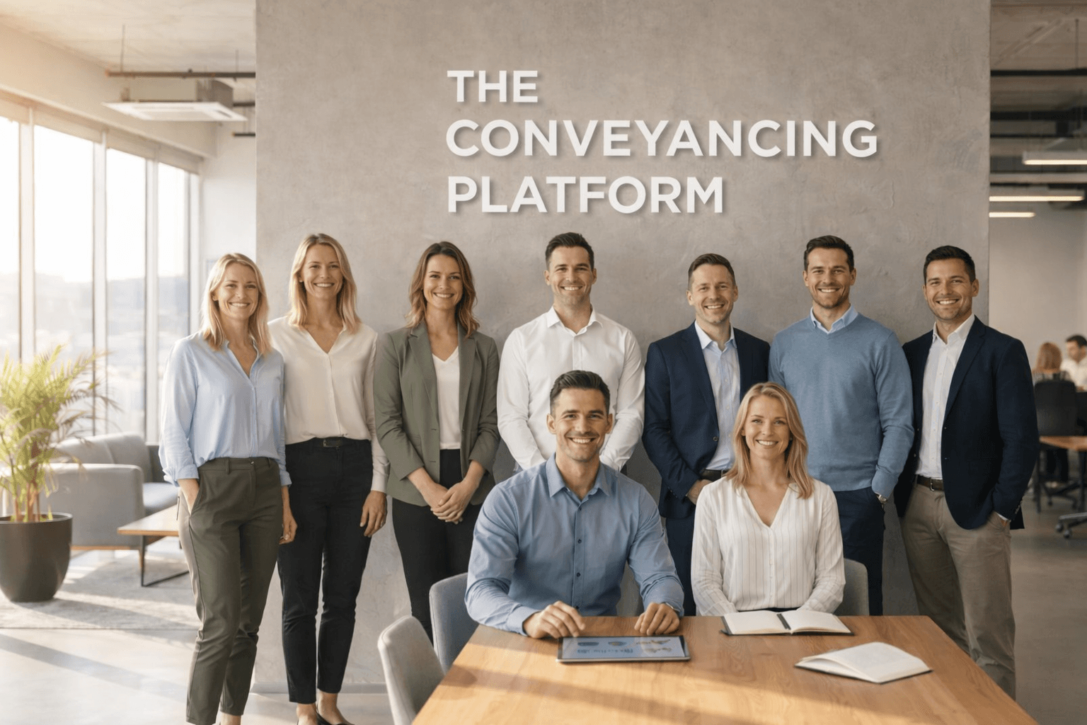 Nine smiling professionals in a modern office under "The Conveyancing Platform" wall text.