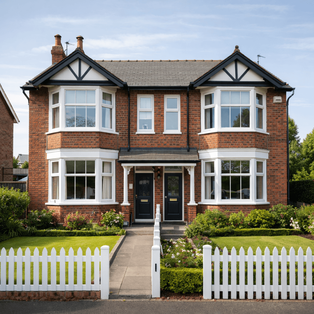 Red brick semi-detached house with white bay windows, black doors and white picket fence.